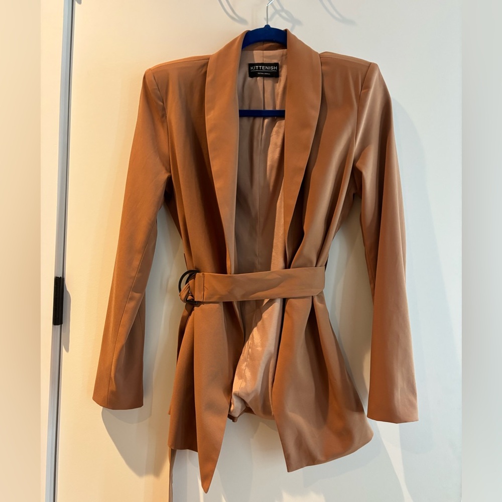 Kittenish Tan Belted Blazer with Wrap Design